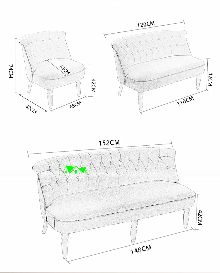 Kích thước của mẫu ghế sofa rút núm, đóng cúc